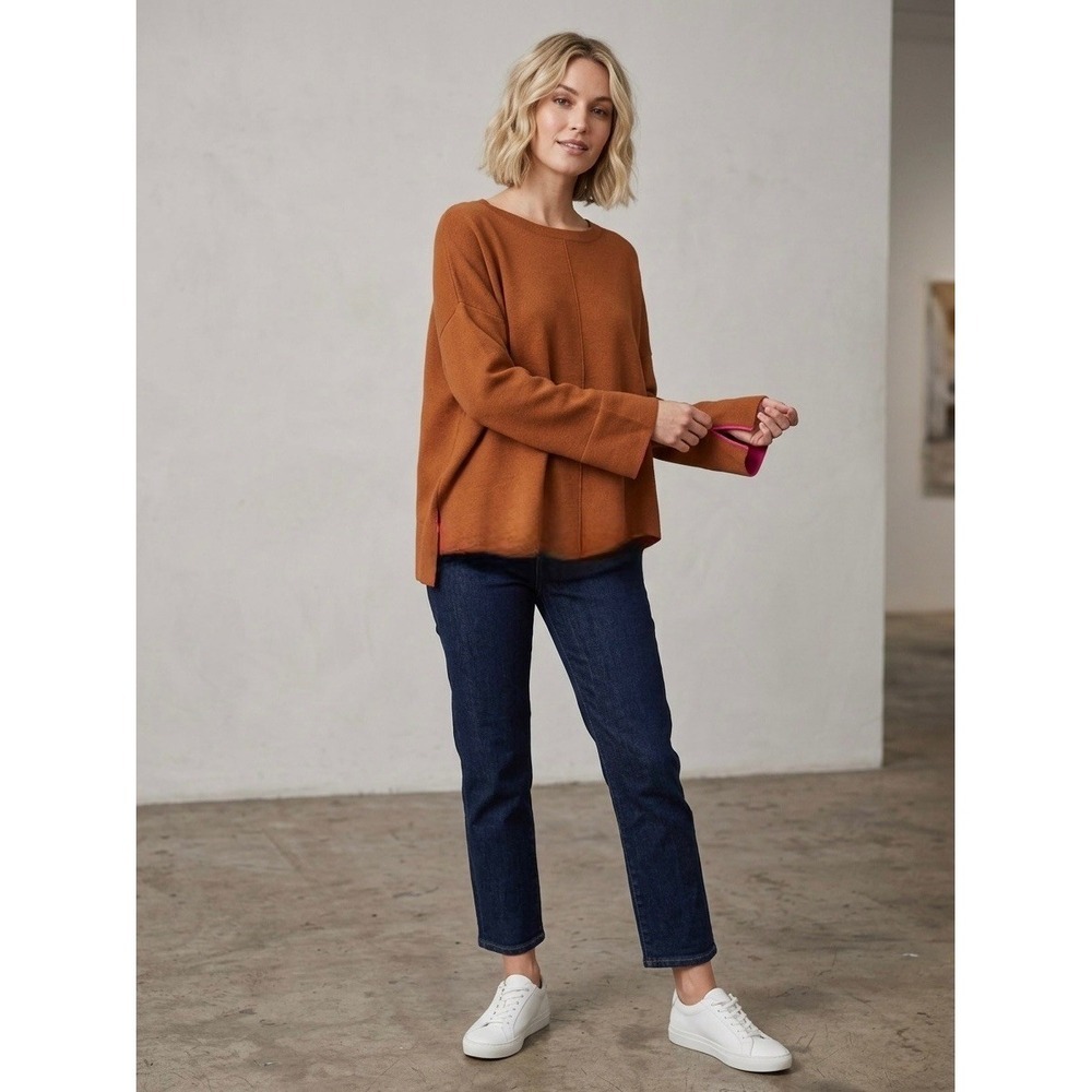 Broadway 38 Womens Oversized Knit Sweater Camel Brown Pink High Low Hem Large